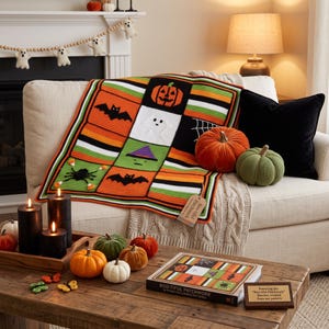 May include: A crochet blanket featuring a patchwork design with Halloween motifs including a jack-o'-lantern, ghost, spider, and bats in orange, green, black, and white. The blanket has a tag labeled Boo-tiful Patchwork and sits on a sofa.