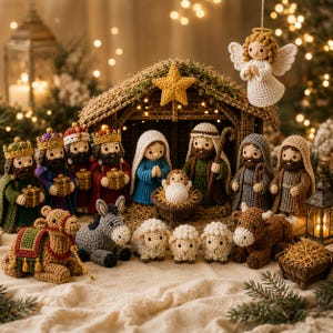 Virkat julkrubbaset i PDF-format, 19-delat amigurumi-mönster för jul, virkmönster för den heliga familjen, gör-det-själv-gåva till juldekoration
