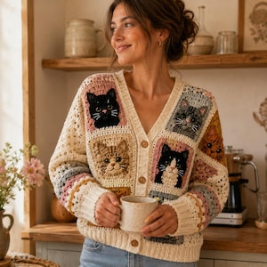 May include: A V-neck crochet cardigan featuring a patchwork design of various cat faces in black, brown, grey, and orange tones. The garment has long sleeves, a button-down front with wooden buttons, and a cream-coloured base with intricate stitching.