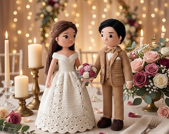 Haakpatroon voor een bruidspaarpop, bruid en bruidegom amigurumi PDF, romantisch doe-het-zelf huwelijksherinnering, direct te downloaden