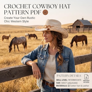 Haakpatroon voor een cowboyhoed (PDF), haakpatroon voor een boho zonnehoed, zomerhoed met brede rand, beginnersvriendelijke digitale download