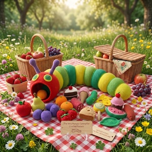 Virkmönster för hungrig larv, amigurumi-matningsspel med matbitar, PDF-mönster, sagoboksleksak, digital nedladdning