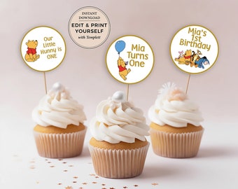 Editable Winnie The Pooh Cupcake Toppers, First Birthday Tag, Winnie The Pooh Tag,  Instant Download, Templett, #PBP114