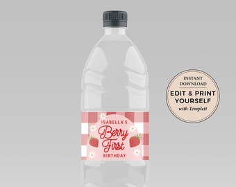 Berry First Birthday Bottle Label: Editable Strawberry Party (Digital Download)