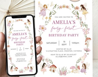 Editable Fairy First Birthday Invitation, Fairy First Birthday, Fairy 1st Birthday, Fairy Birthday,  Instant Download, Templett