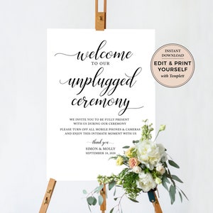 Unplugged Wedding Sign, Unplugged Ceremony Sign, Unplugged, Editable Unplugged Sign, Unplugged Wedding Welcome Sign, Templett, PBP104 image 1