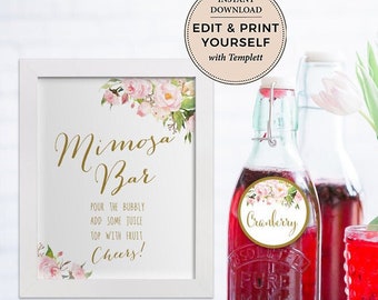 Mimosa Bar Sign & Juice Labels: Editable Bridal Shower Decor (INSTANT DOWNLOAD)