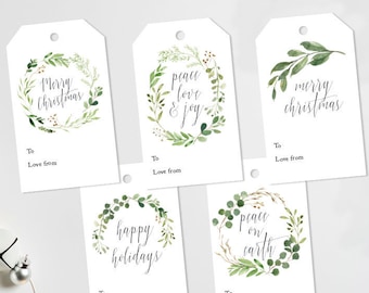 Etichette regalo di Natale modificabili, ghirlanda verde (download immediato)