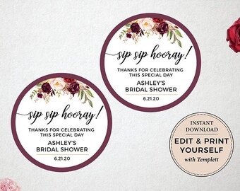 Sip Sip Hooray Bridal Shower Tags: Editable Template (Instant Download)