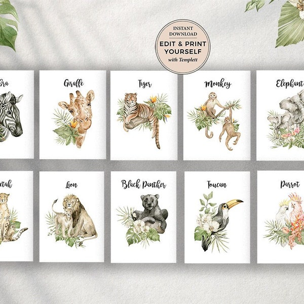 Editable Safari Animals Table Numbers, Safari Seating Cards, Jungle Table Numbers, Templett, #PBB101