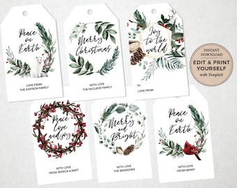 Etichette regalo di Natale modificabili, fogliame acquerello (download immediato)