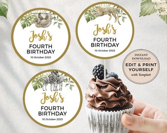 Birthday Cupcake Toppers, Fourth Birthday Tag, Safari Tag, Editable Safari Tag, Favor Tag, Jungle, Instant Download, Templett, #PBB101
