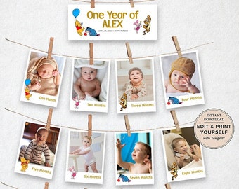 Editable Winnie The Pooh First Birthday Banner, Winnie The Pooh First Year Milestone Board, Winnie The Pooh, Instant Download, #PBP114