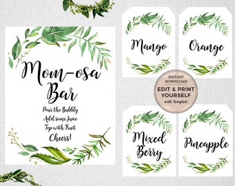 Juice Drink Tags 5x7 P10 Mom-osa Bar sign and Juice Tags 8x10 Greenery Printable White Floral Shower Labels for Bubbly Champagne Bar