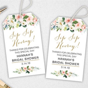 Blush Floral Bridal Shower Favor Tags: Sip Sip Hooray (INSTANT DOWNLOAD)