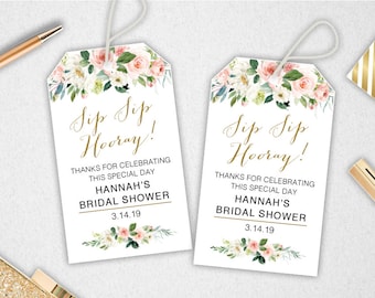 Blush Floral Bridal Shower Favor Tags: Sip Sip Hooray (INSTANT DOWNLOAD)