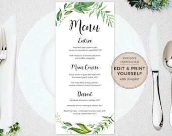 Editable Wedding Menu Template: Greenery Design (Instant Download)