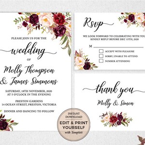 May include: Wedding invitation with burgundy and blush floral design. The invitation includes the names Molly Thompson and James Simmons, the date and time of the wedding, and the location. The RSVP card includes a section for guests to indicate their attendance and the number of guests attending.