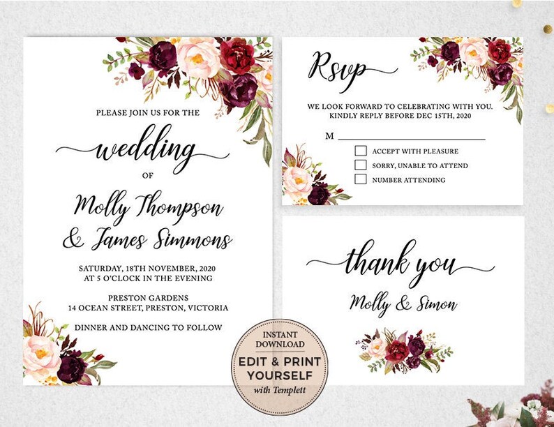 May include: Wedding invitation with burgundy and blush floral design. The invitation includes the names Molly Thompson and James Simmons, the date and time of the wedding, and the location. The RSVP card includes a section for guests to indicate their attendance and the number of guests attending.