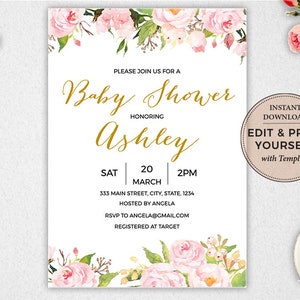 May include: A pink and green floral baby shower invitation with gold text. The invitation says "Please join us for a Baby Shower honoring Ashley" and includes the date, time, address, RSVP information, and registry information. The invitation also has a brown circle with the text "Instant Download Edit & Print Yourself with Templett".