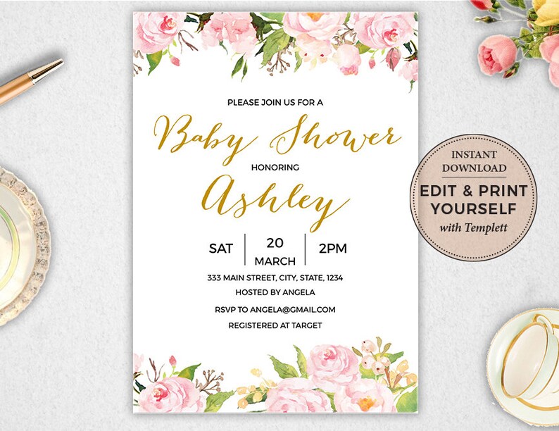 May include: A pink and green floral baby shower invitation with gold text. The invitation says "Please join us for a Baby Shower honoring Ashley" and includes the date, time, address, RSVP information, and registry information. The invitation also has a brown circle with the text "Instant Download Edit & Print Yourself with Templett".