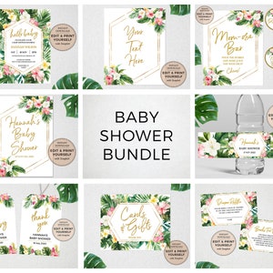 Puede incluir: Un paquete de imprimibles para baby shower con tem&aacute;tica tropical con plantillas editables. El paquete incluye invitaciones, etiquetas de agradecimiento, etiquetas para botellas de agua, un letrero para una barra de mimosa y tarjetas para regalos. Los dise&ntilde;os presentan marcos geom&eacute;tricos dorados, hojas tropicales y flores rosas.