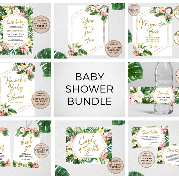 Paquete de plantillas para baby shower tropical: carteles editables (descarga instantánea)