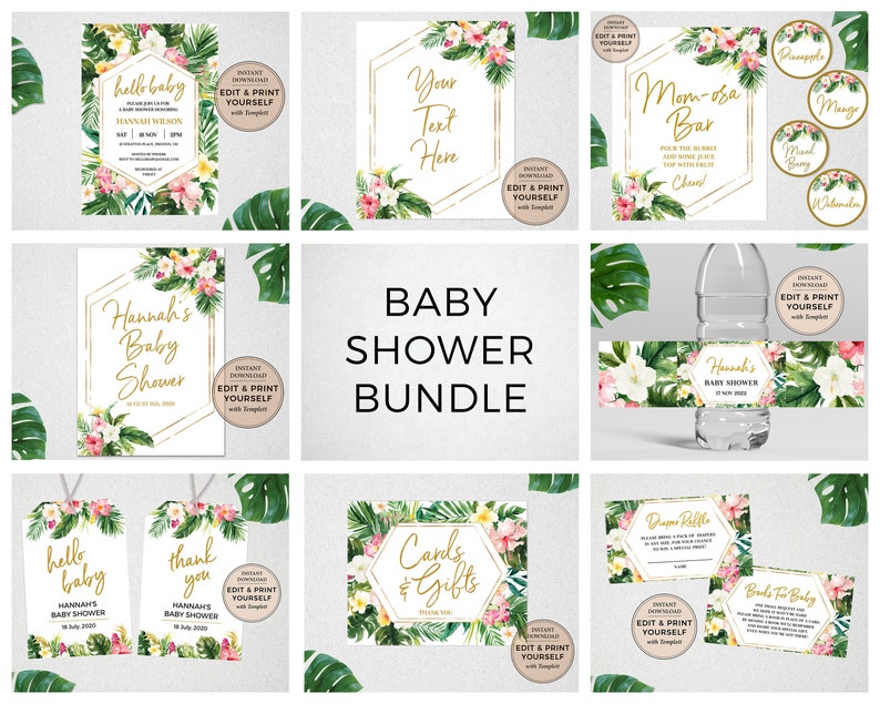 Puede incluir: Un paquete de imprimibles para baby shower con tem&aacute;tica tropical con plantillas editables. El paquete incluye invitaciones, etiquetas de agradecimiento, etiquetas para botellas de agua, un letrero para una barra de mimosa y tarjetas para regalos. Los dise&ntilde;os presentan marcos geom&eacute;tricos dorados, hojas tropicales y flores rosas.