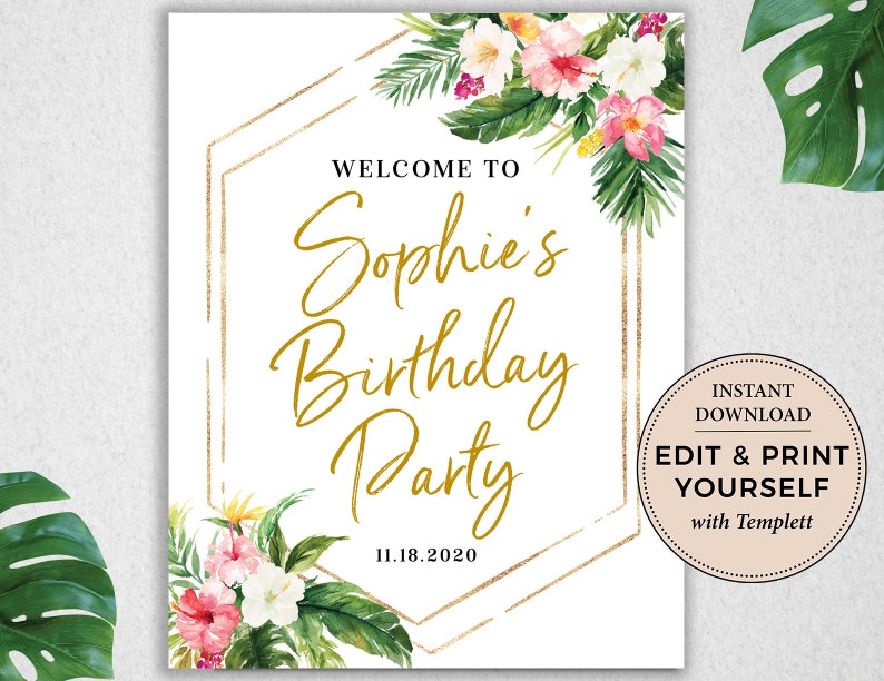 Editable Welcome Sign, Welcome Sign, Tropical Welcome Sign, Birthday Welcome Sign, Tropical Birthday, Templett, PBB98 image 1