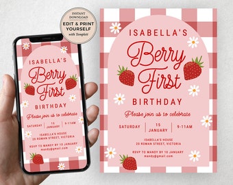 Berry First Birthday Invitation: Editable Strawberry Evite (Instant Download)