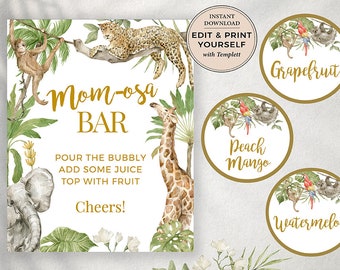 Safari Mom-osa Bar, Safari  Juice Labels, Mom-osa Bar, Safari Momosa, Momosa, Safari Baby Shower, INSTANT DOWNLOAD, Templett, #PBB101