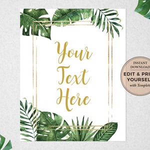 Op de afbeelding: Printbare poster met een gouden frame en tropische bladeren. De tekst "Your Text Here" staat in gouden letters.