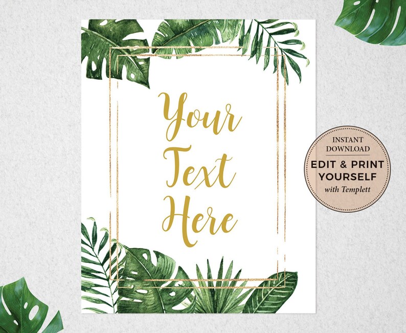 Op de afbeelding: Printbare poster met een gouden frame en tropische bladeren. De tekst "Your Text Here" staat in gouden letters.