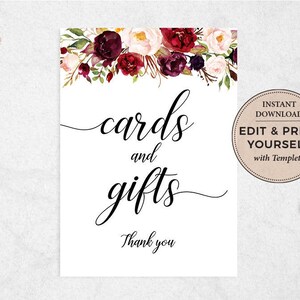 May include: A printable sign with a floral design in shades of burgundy, pink, and green. The sign says "cards and gifts" with the text "Thank you" below. The sign also includes a brown circle with the text "Instant Download Edit & Print Yourself with Templett".