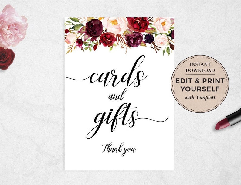 May include: A printable sign with a floral design in shades of burgundy, pink, and green. The sign says "cards and gifts" with the text "Thank you" below. The sign also includes a brown circle with the text "Instant Download Edit & Print Yourself with Templett".