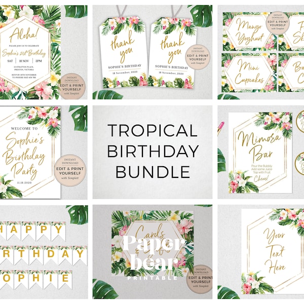 Tropical Birthday Bundle, Tropical Birthday, Editable Tropical Birthday Templates, Tropical Birthday, INSTANT DOWNLOAD, Templett, #PBB98