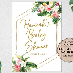 Puede incluir: Invitaci&oacute;n de baby shower imprimible con un marco geom&eacute;trico dorado y un dise&ntilde;o floral tropical. El texto dice "Baby Shower de Hannah 11 de agosto de 2020".