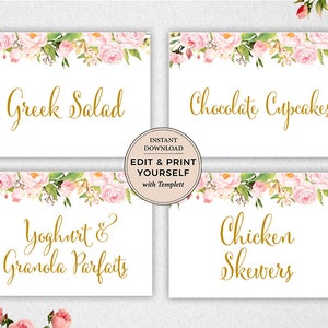 May include: Four printable food signs with a floral border. The signs read "Greek Salad", "Chocolate Cupcakes", "Yoghurt & Granola Parfaits", and "Chicken Skewers".