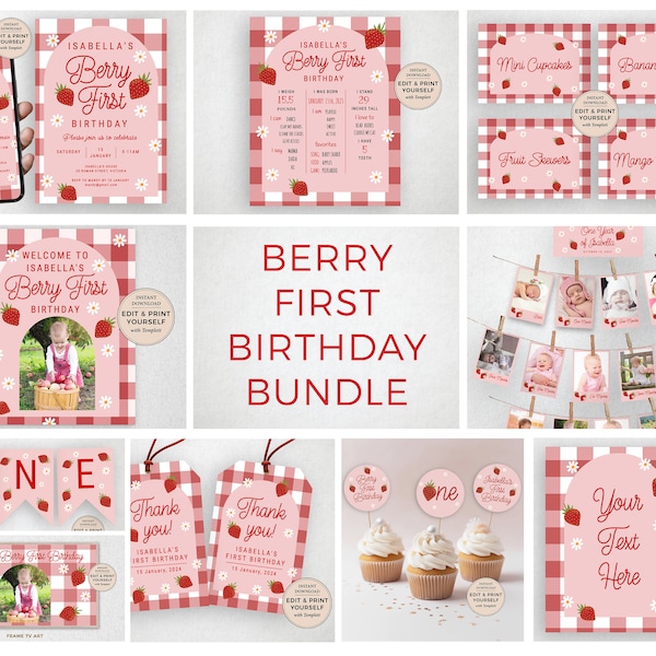 Berry First Birthday Bundle, Berry First Birthday, Editable Berry First Templates, INSTANT DOWNLOAD, Templett, #PBP115