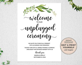 Unplugged Wedding Sign, Editable Unplugged Ceremony Sign, Unplugged Wedding, Unplugged Sign, Welcome Wedding Sign, Instant Download, #PBP86