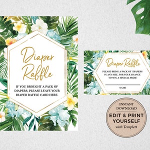 Tropical Diaper Raffle, Diaper Raffle Card and Sign, Baby Shower Games, Instant Download, Tropical Baby Shower, Teal, Templett, #PBB98