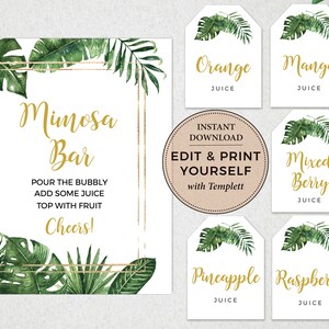 Op de afbeelding: Printbare mimosa bar-bord met tropische bladeren en gouden accenten. Het bord zegt "Mimosa Bar" en bevat instructies om "De bubbels te schenken, wat sap toe te voegen, te garneren met fruit, Proost!" Er zijn ook vijf printbare labels voor verschillende sap-opties: Sinaasappel, Mango, Gemengde bessen, Ananas en Framboos.
