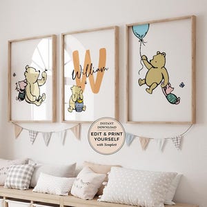 Set of 3 Classic Winnie The Pooh Prints, Editable Personalised Name Print, Winnie The Pooh Print, Pooh Wall Art, INSTANT DOWNLOAD, TEMPLETT
