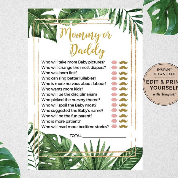 Mommy or Daddy Game, Mommy or Daddy, Tropical Baby Shower Games, Editable Game, Baby Shower, Instant Download, Templett,  #PBP99