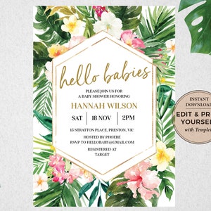 Tropical Baby Shower Invitation, Tropical Invitation, Baby Shower Invitation, Editable Invitation, Tropical Baby Shower, Templett, PBB98 image 1