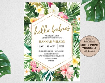 Tropical Baby Shower Invitation: Editable Twins Invitation (Templett)