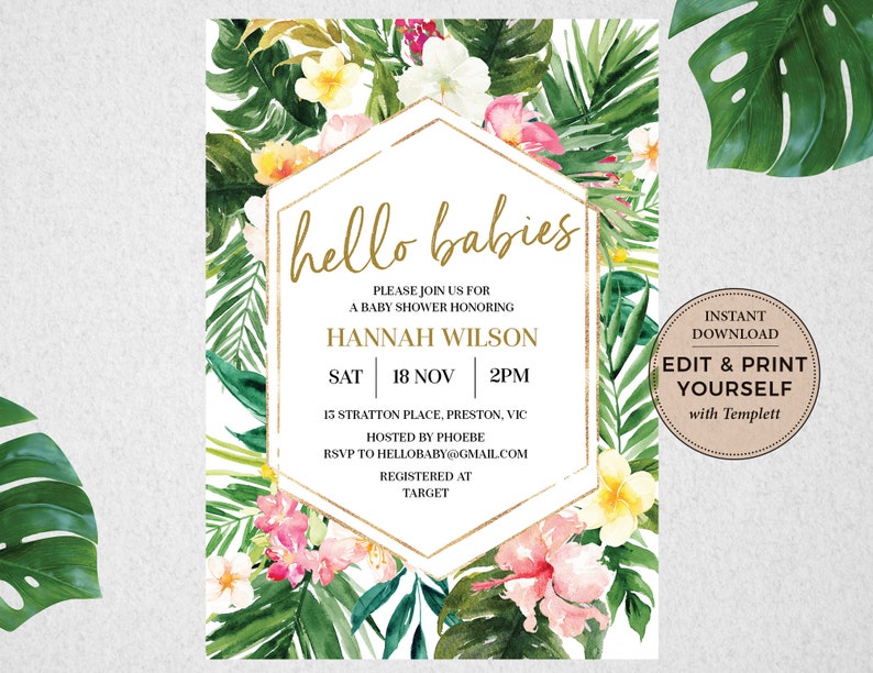 Tropical Baby Shower Invitation, Tropical Invitation, Baby Shower Invitation, Editable Invitation, Tropical Baby Shower, Templett, PBB98 image 1