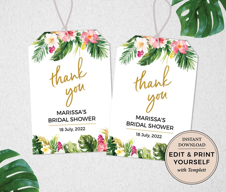 Bridal Shower Tag, Thank You Tag, Tropical Bridal Shower Tag, Editable Tag, Tropical Favor Tag,Instant Download, Templett, PBB98 image 1