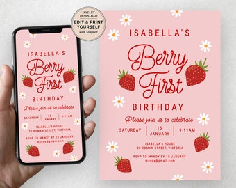 Editable Berry First Birthday Invitation, Berry First Birthday Evite, Berry First Birthday, Instant Download, Templett, #PBP115