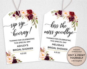Editable Tags, Sip Sip Hooray Tags, Kiss The Miss Goodbye Tags, Thank You Tags, INSTANT DOWNLOAD, Templett, #PBP97